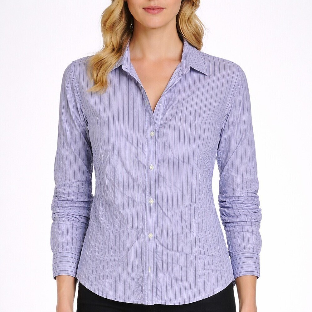 Frank & Eileen Barry Signature Crinkle Button Down Blue White Stripe XS